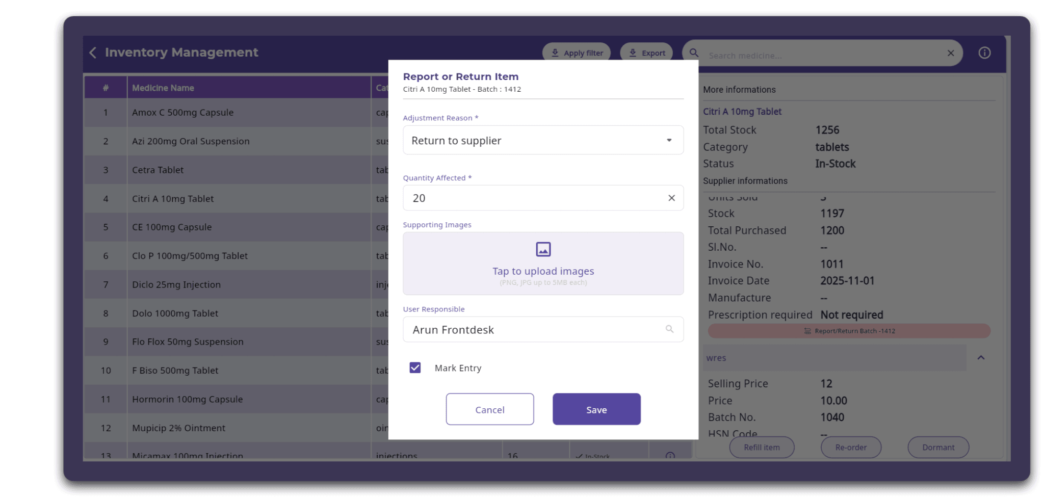 FelixaTouch Report or Return Item window with adjustment reason, quantity affected, supporting images upload and user responsible fields