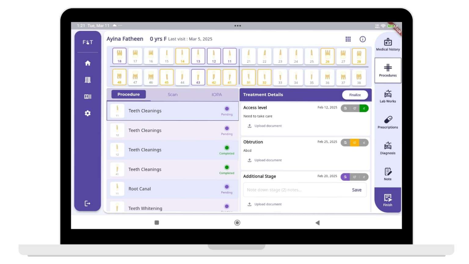 Interactive color-coded tooth chart for precise dental documentation