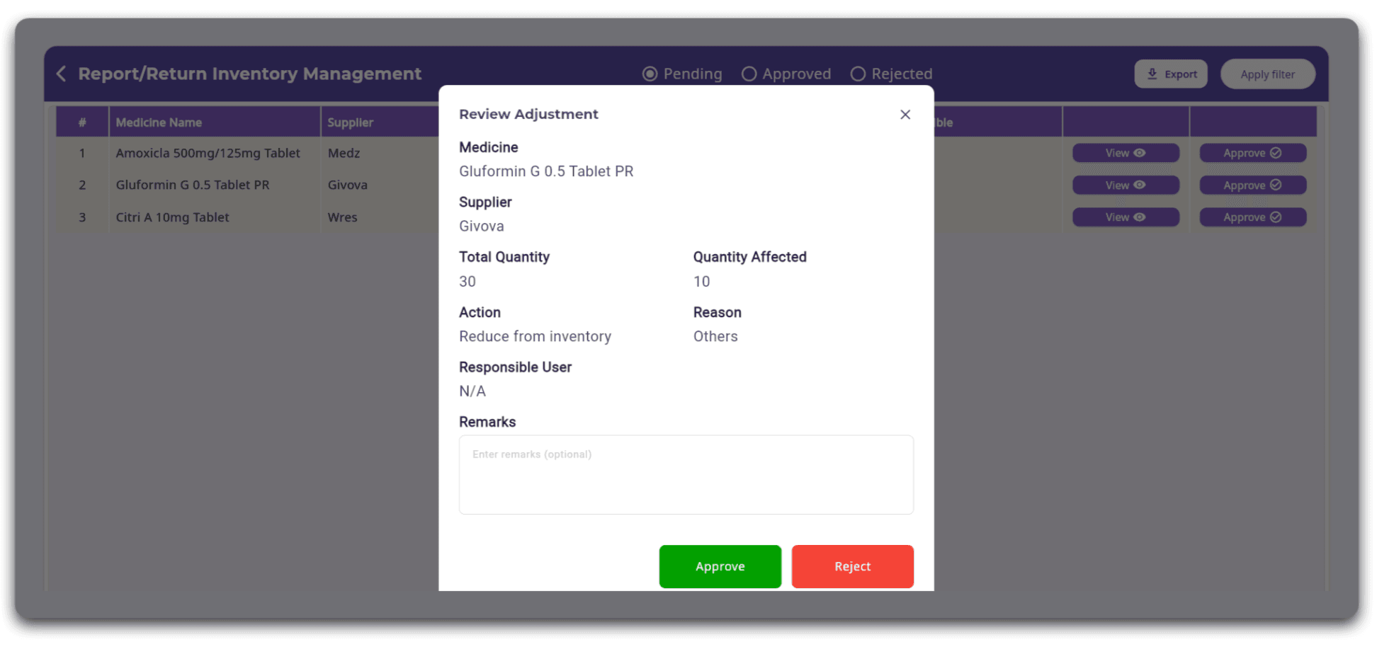 FelixaTouch Review Adjustment window showing medicine, supplier, quantities, action, reason, responsible user and remarks with Approve and Reject buttons