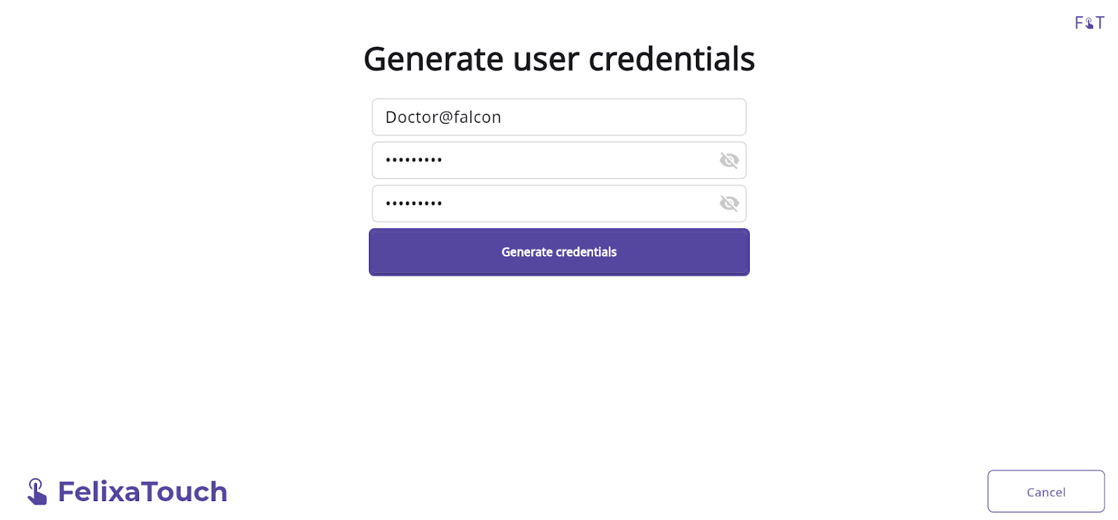 Username and password creation screen in Felixa Touch