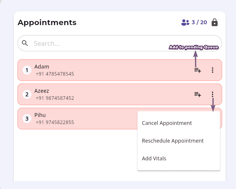 Appointment list options in FelixaTouch