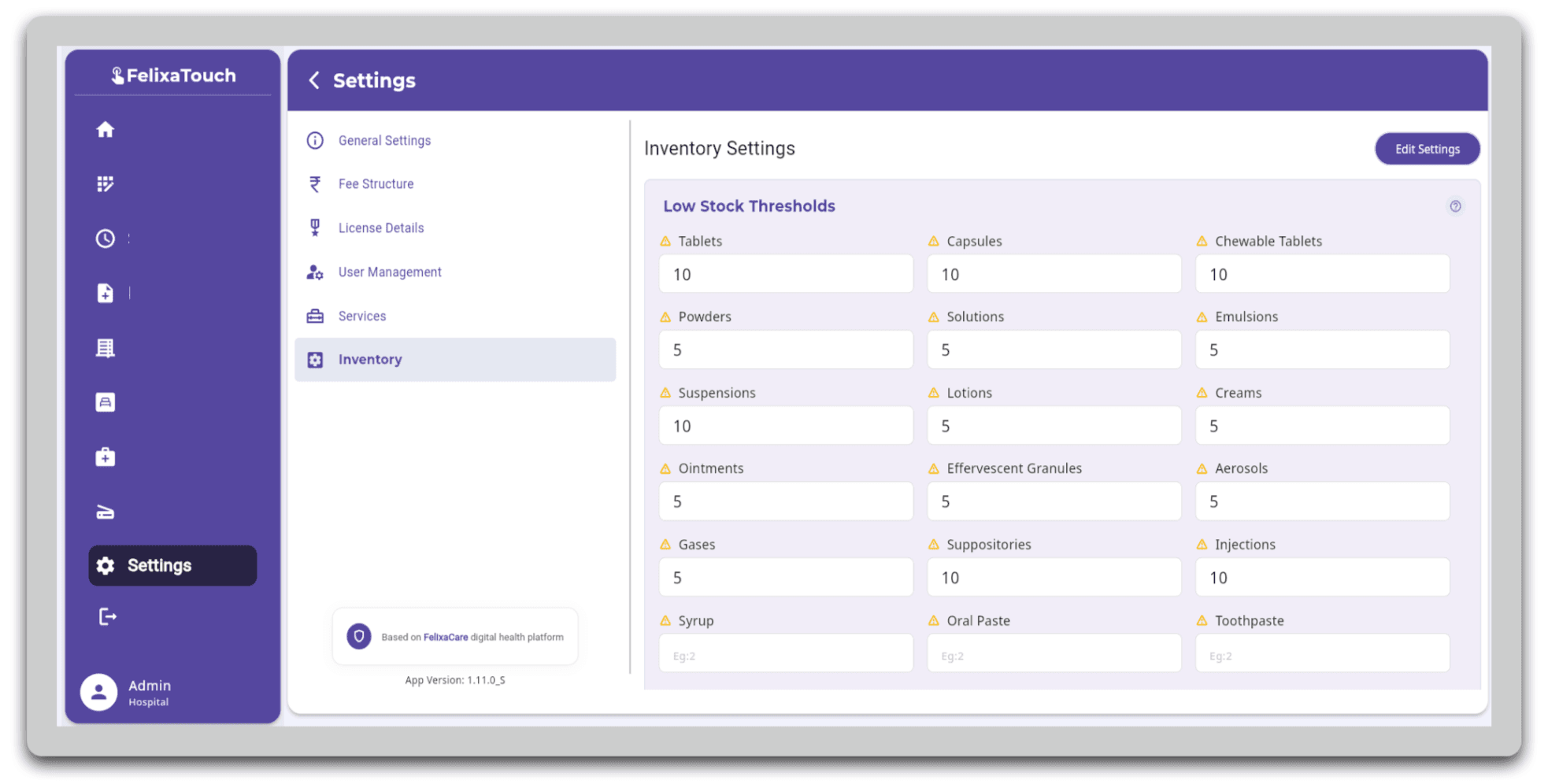 FelixaTouch Inventory Settings showing low stock thresholds by medicine type