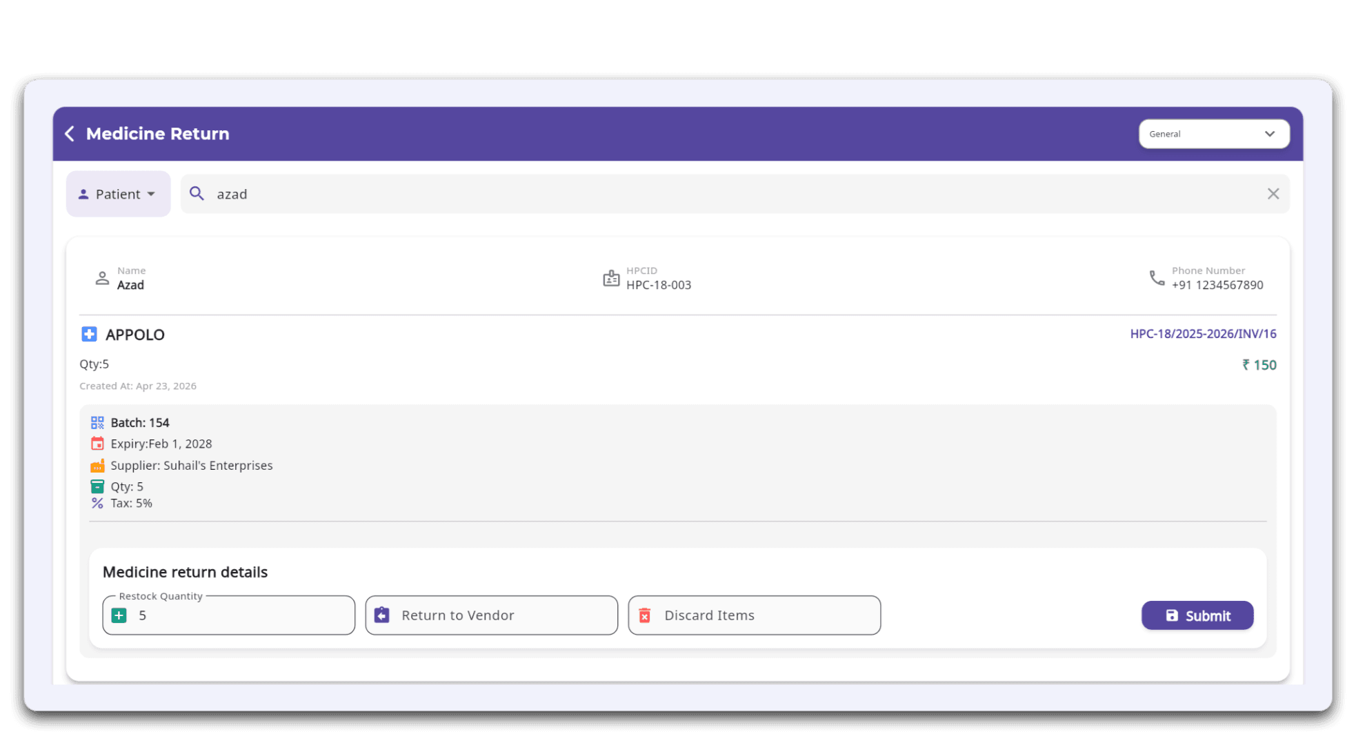 FelixaTouch Patient Medicine Return screen showing batch, expiry, supplier and restock, return to vendor or discard options
