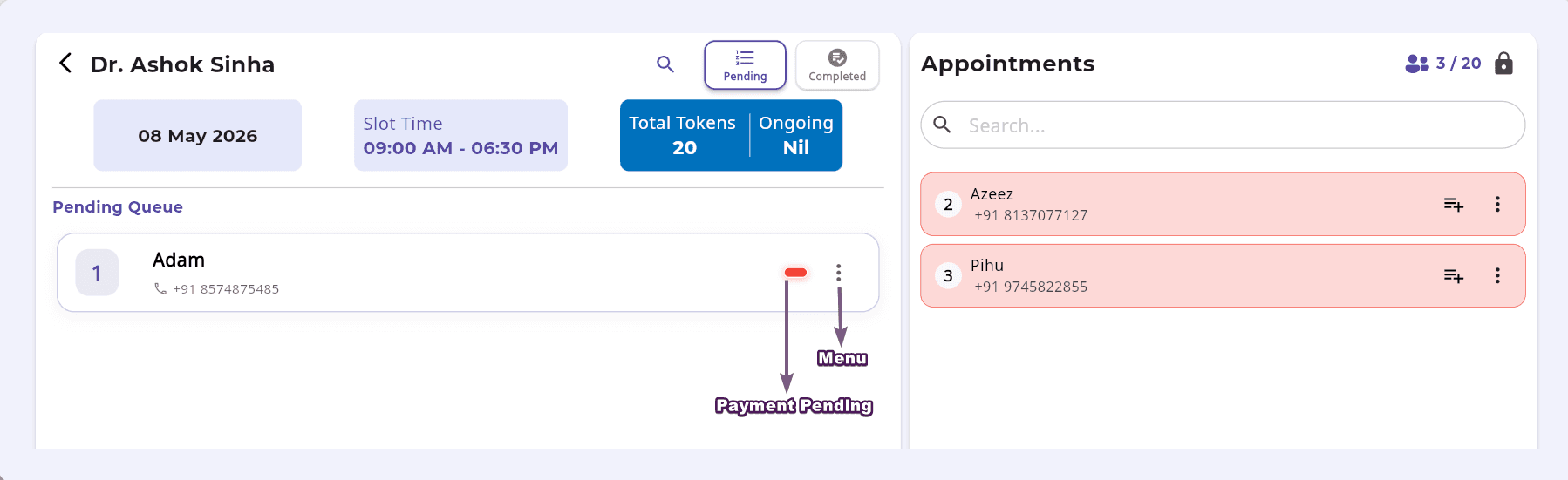 Queue panel with payment status icons in FelixaTouch